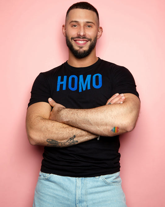 HOMO Logo, blue flock muscle fit tee - black