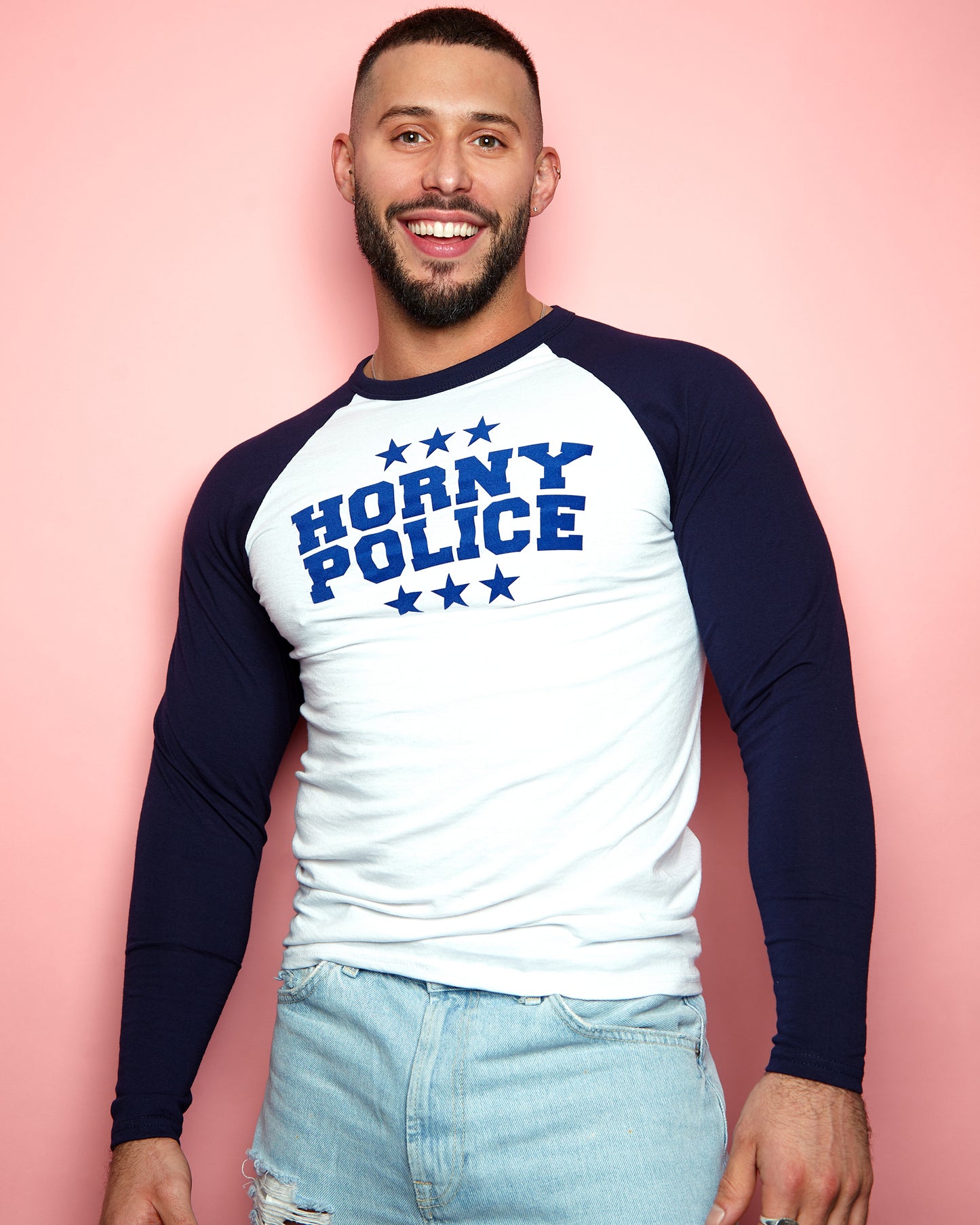 H0rny police, long sleeve baseball t-shirt - navy blue & white