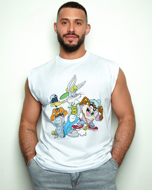 Official Looney Tunes Hip-Hop, Bugs bunny, Taz and Daffy sleeveless tee- white