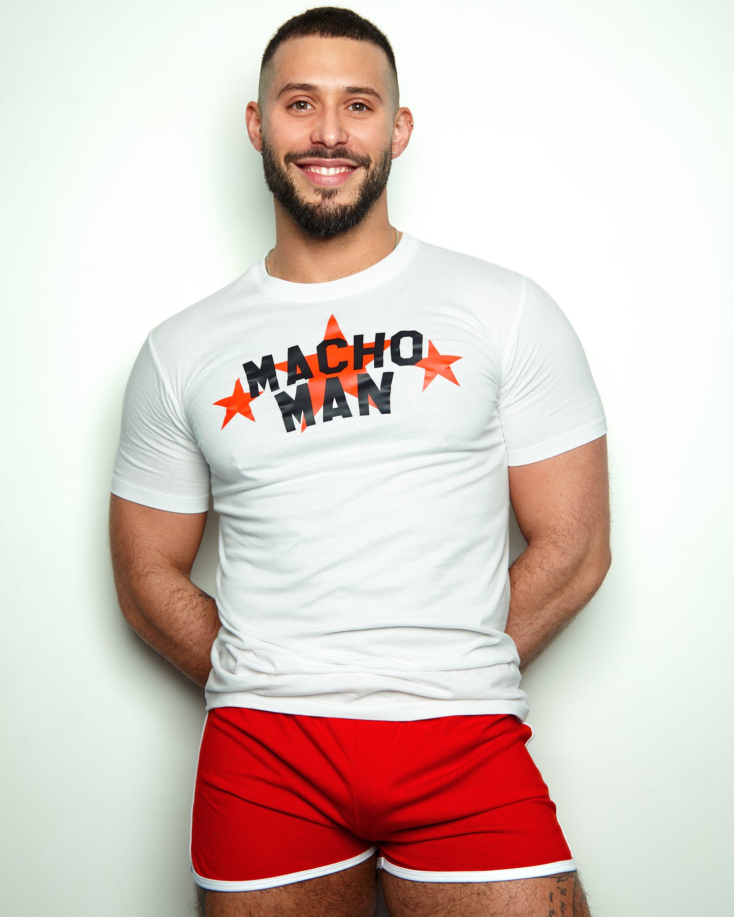 MEDIUM - Slogan tee: Macho man, red print on white muscle fit - tshirt