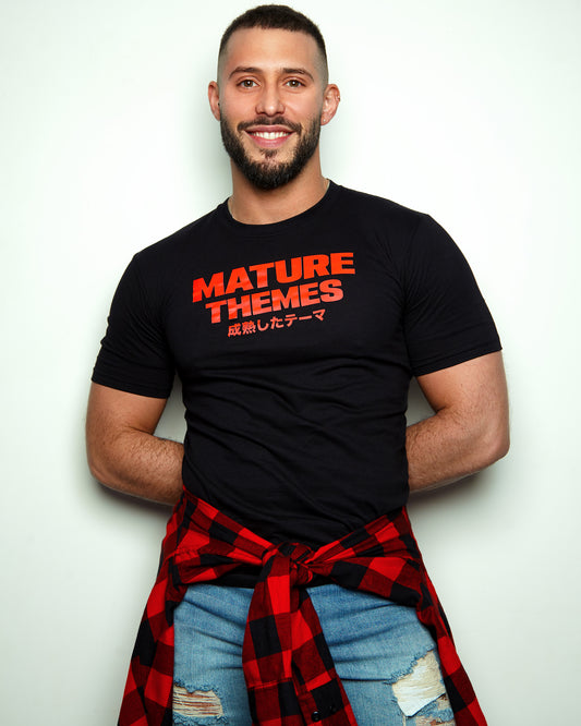 Slogan tee: Mature themes, red print on black muscle fit - tshirt