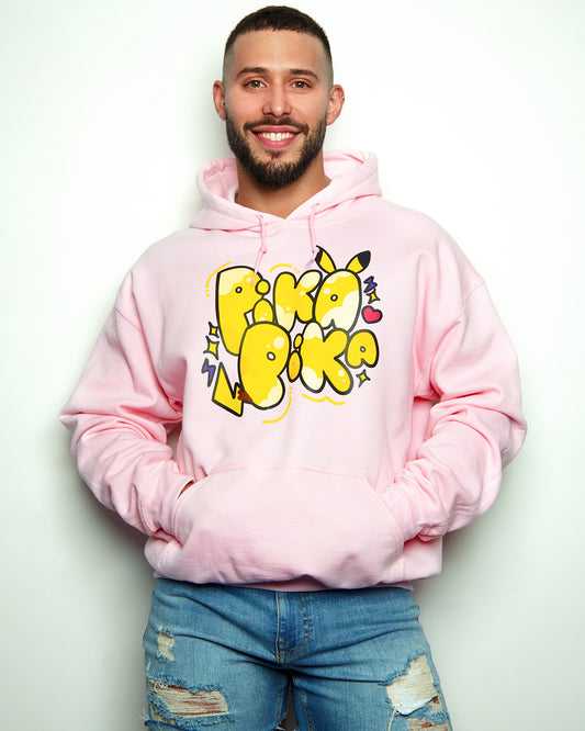 Gaymer: Yellow slogan, light pink pullover hoodie.