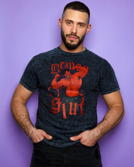 Demon s/ut, flexing tattooed demon hunk on black acid wash - tshirt