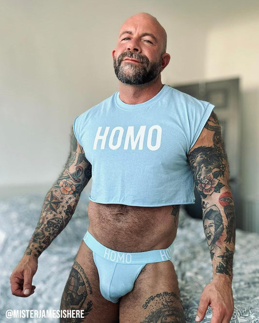 Get the look!! blue HOMO classic jock & blue HOMO mens crop top set. - HOMOLONDON