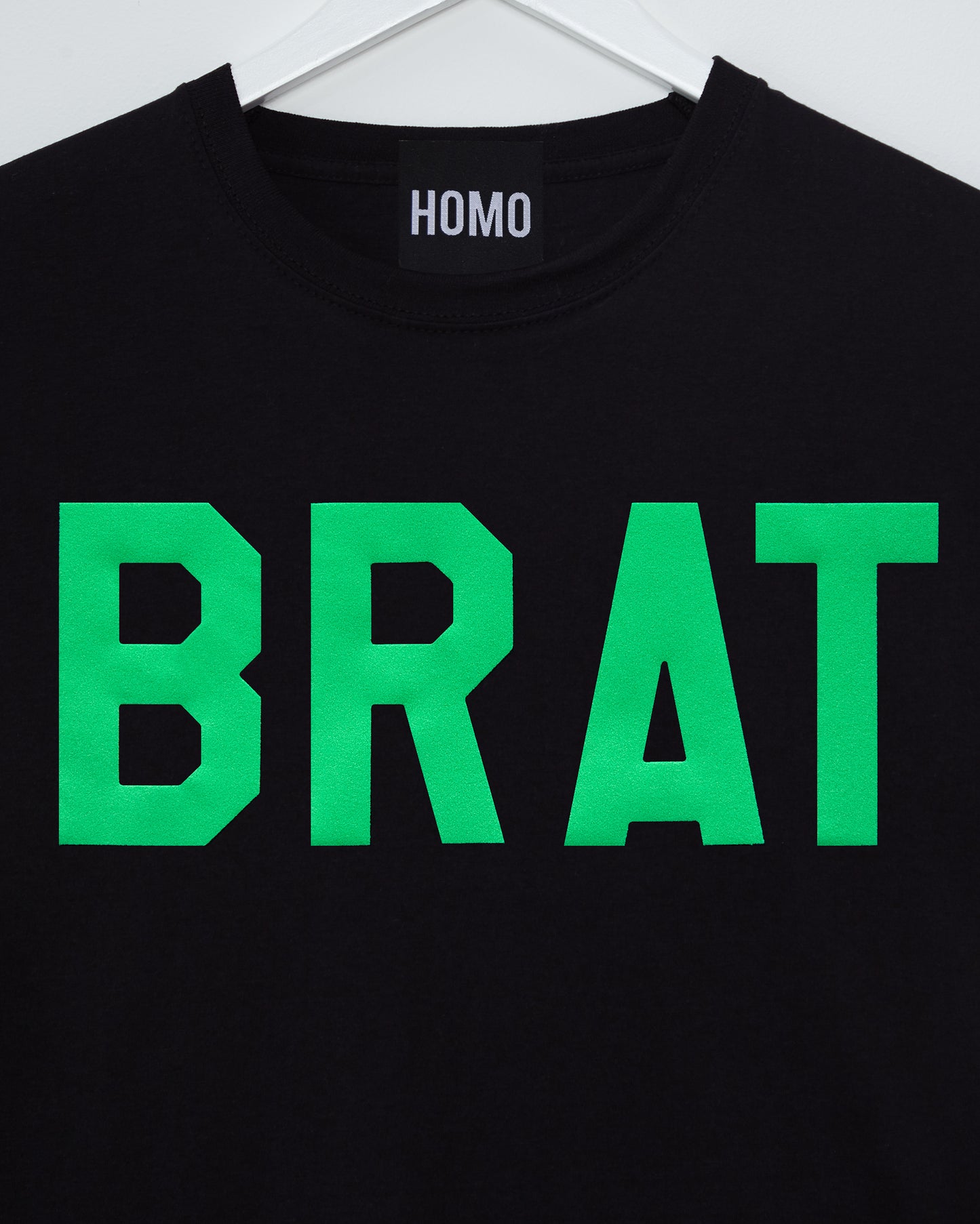 Fluorescent green flock BRAT on black - tshirt