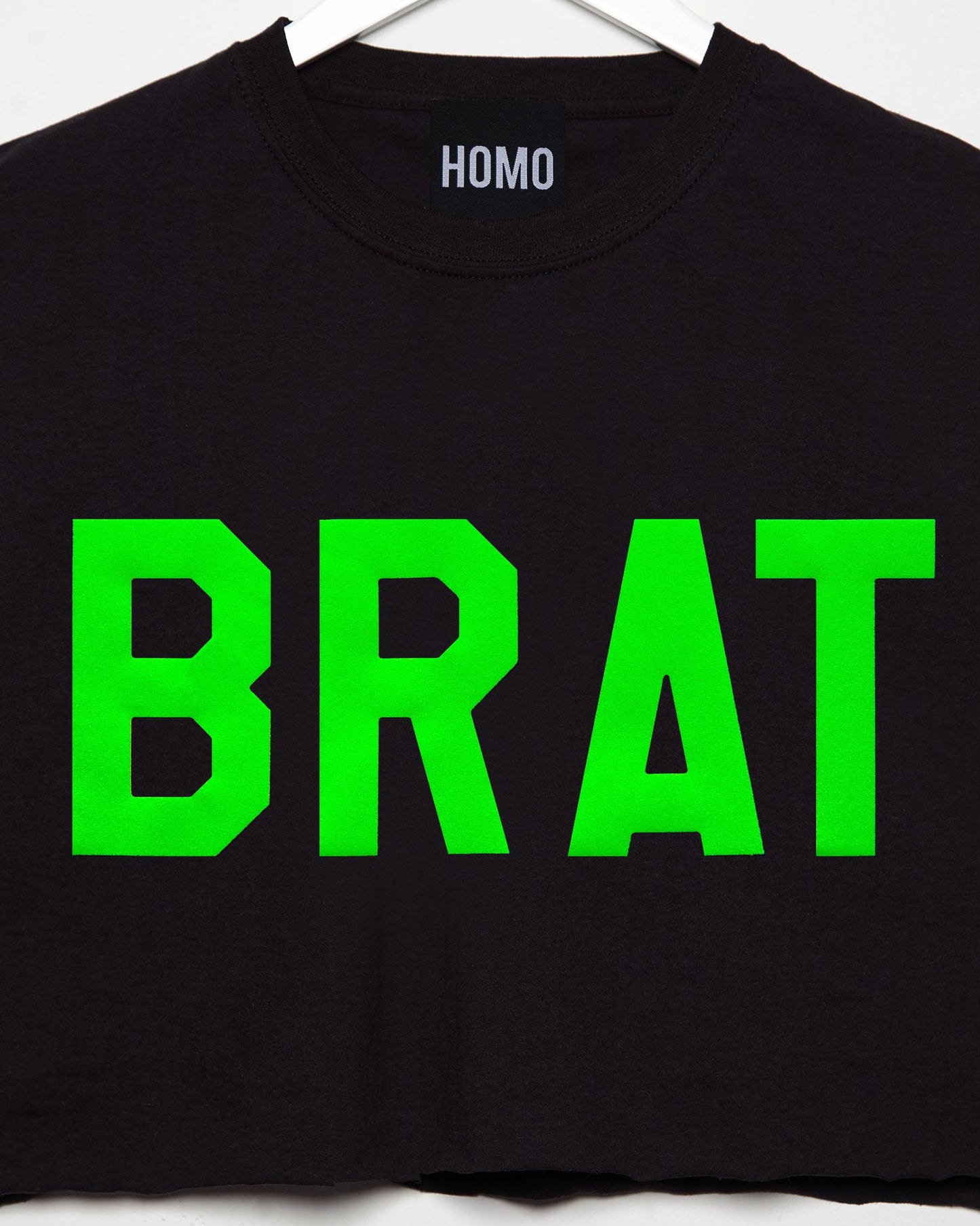 Fluorescent green flock BRAT - black crop top