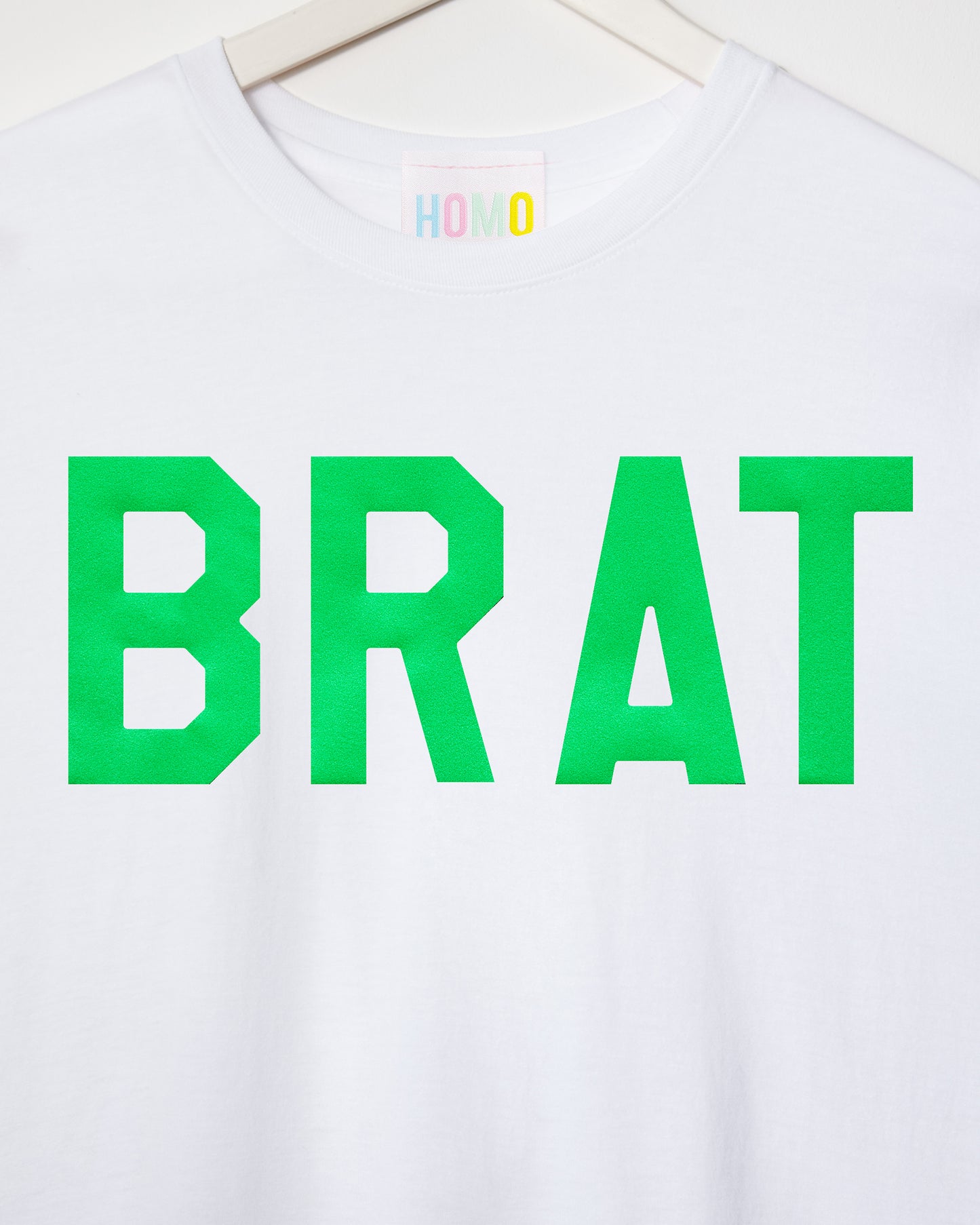 Fluorescent green flock BRAT on white - tshirt