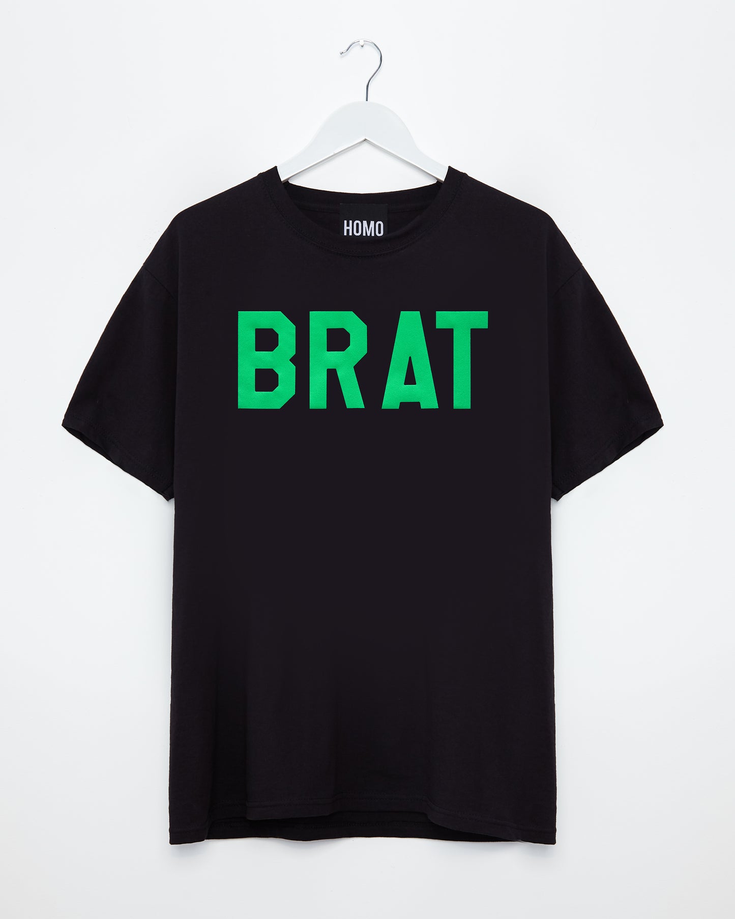 Fluorescent green flock BRAT on black - tshirt