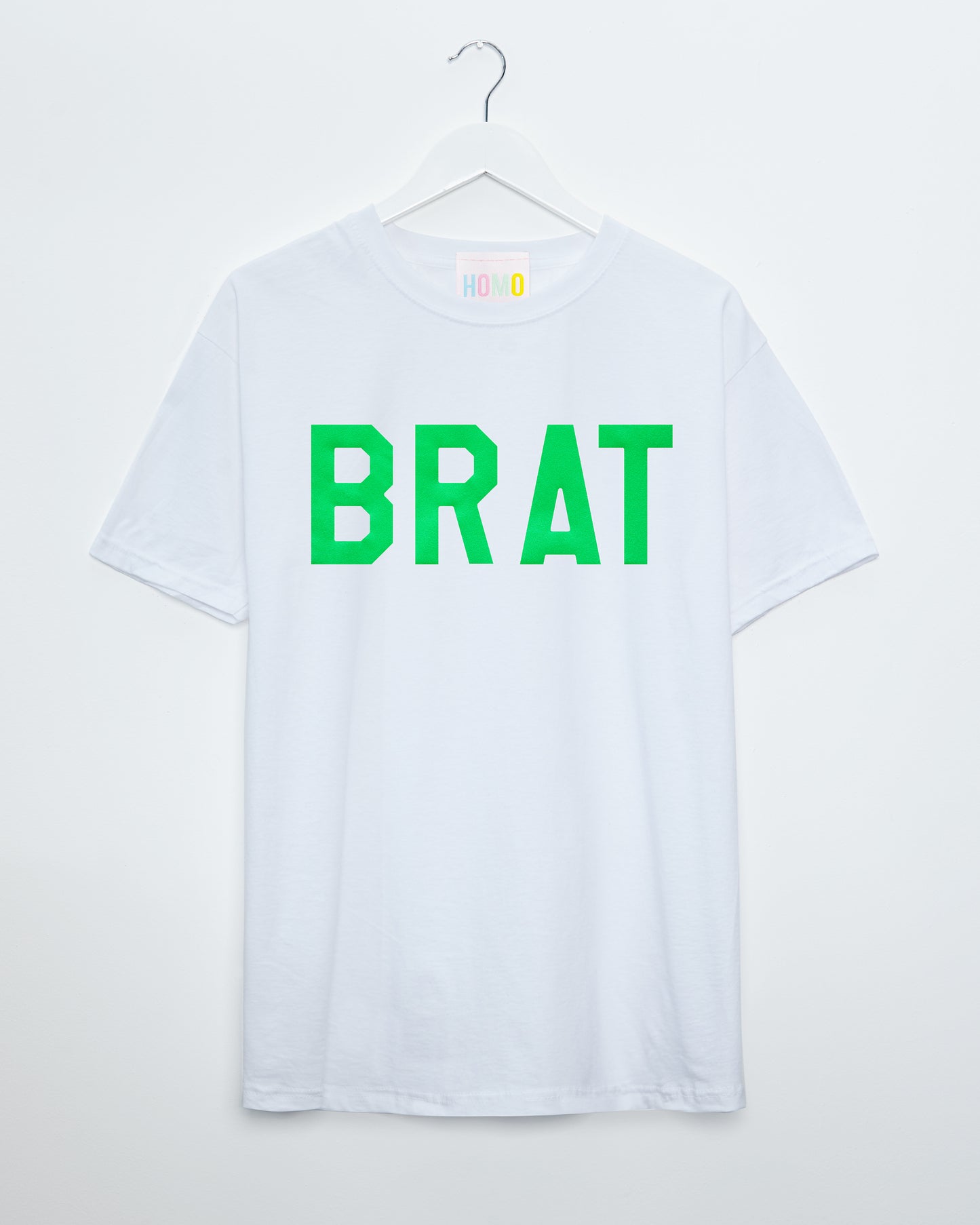 Fluorescent green flock BRAT on white - tshirt