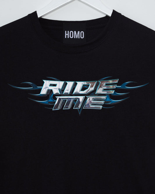 Chrome Y2K: RIDE ME, silver on black - tee - HOMOLONDON