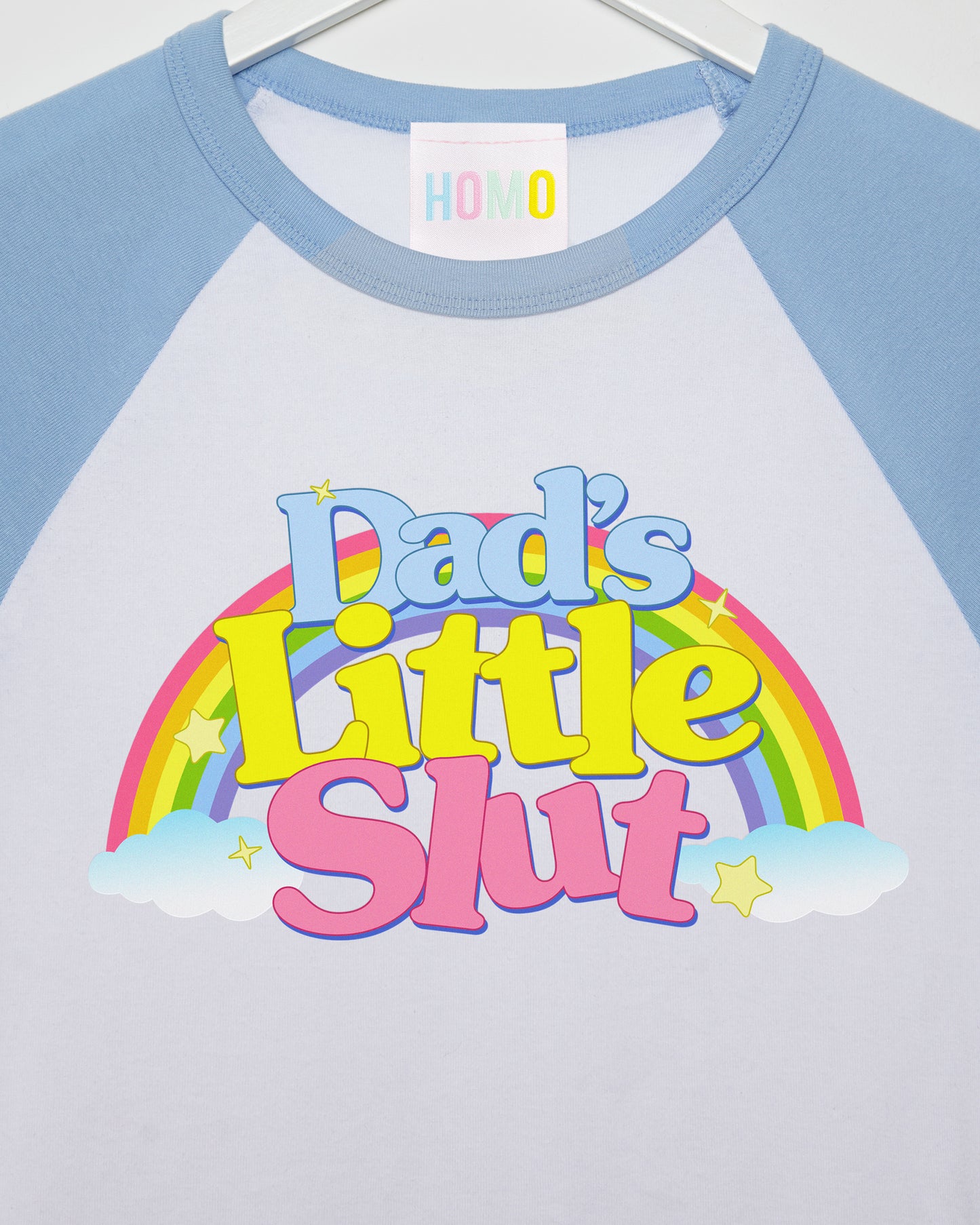 Dad's little s/ut on raglan crop top - light blue/white