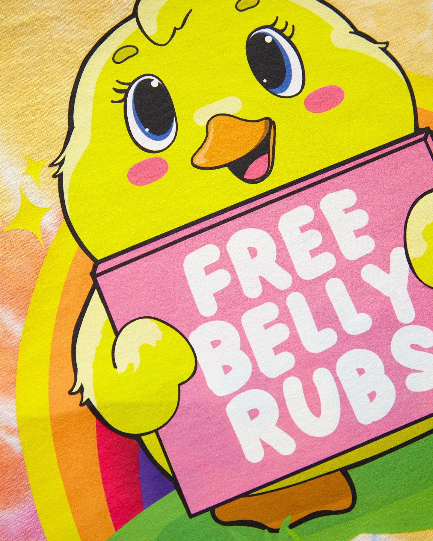 The cheeky duck says "Free belly rubs" on tie-dye -  cropped tee /crop top