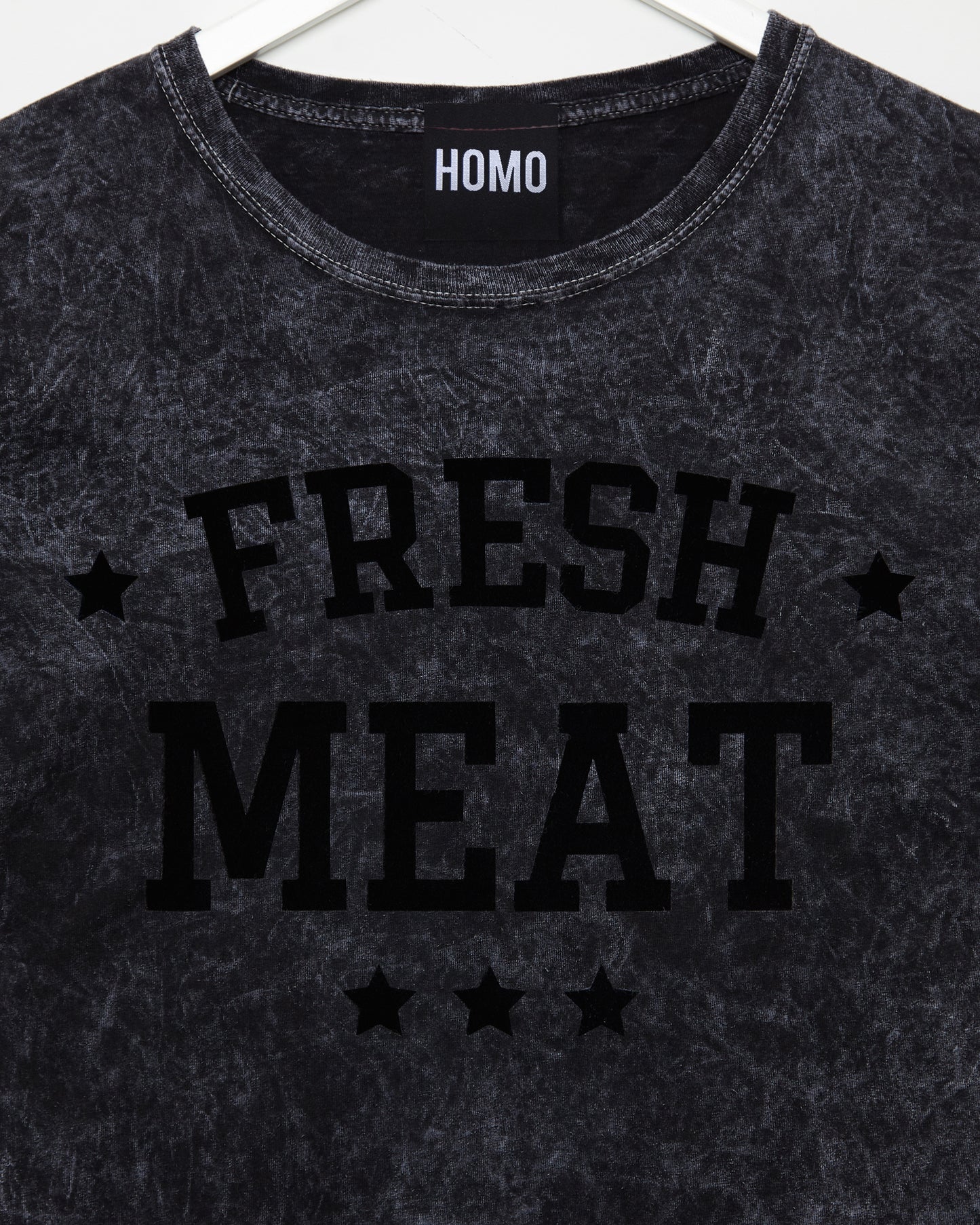 Fresh Meat - black flock on acid washed black sleeveless tshirt