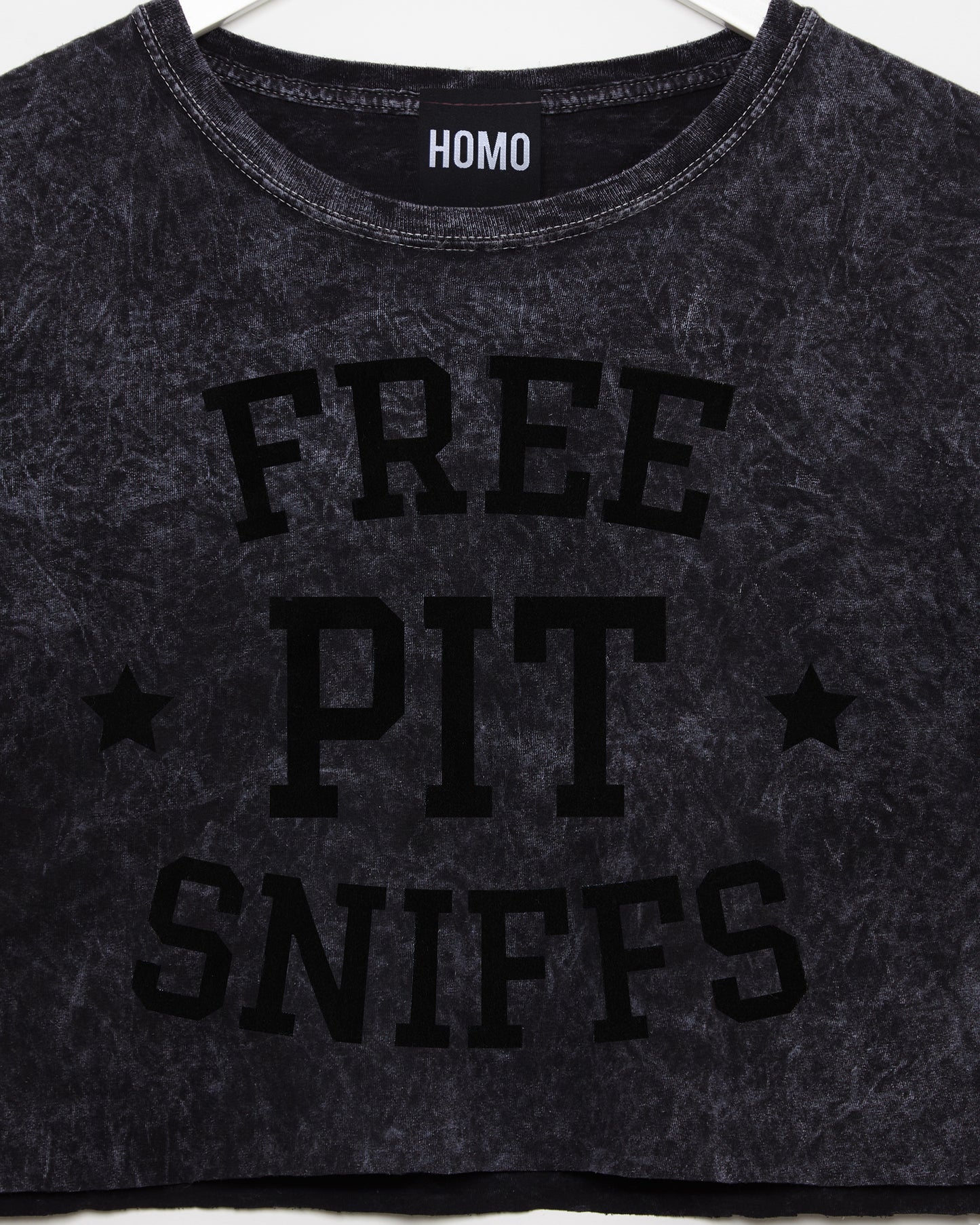 Free pit sniffs - black flock on black acid wash crop top