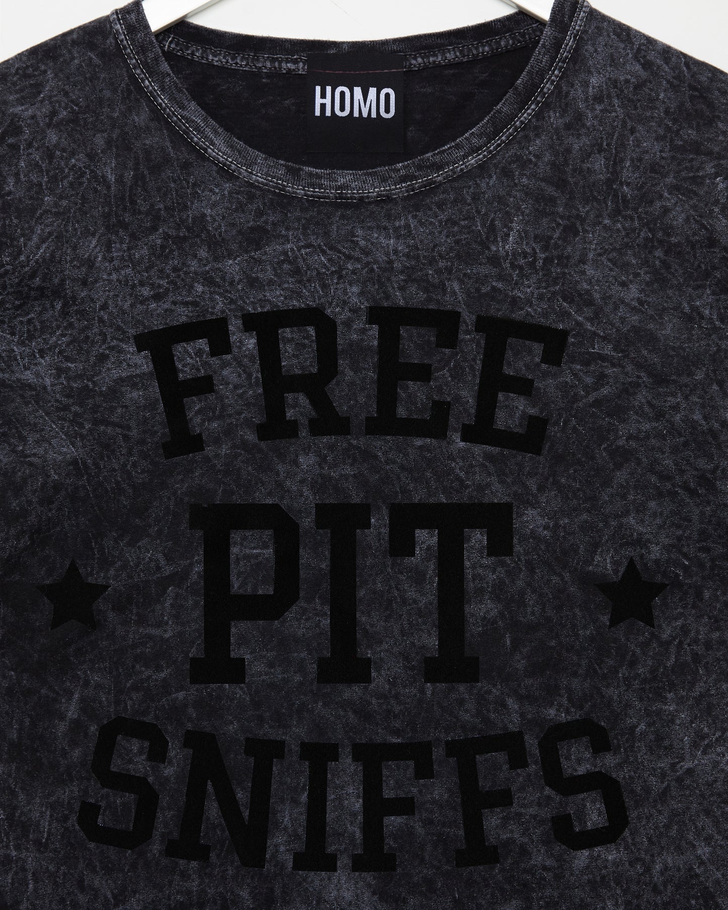 Free pit sniffs -black flock on acid washed black tshirt