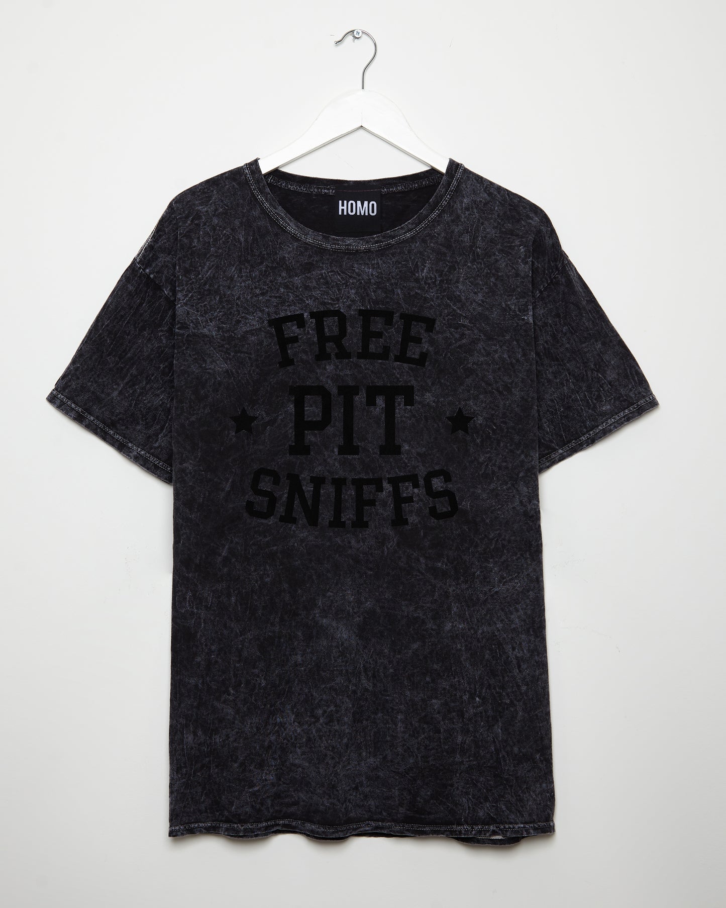 Free pit sniffs -black flock on acid washed black tshirt