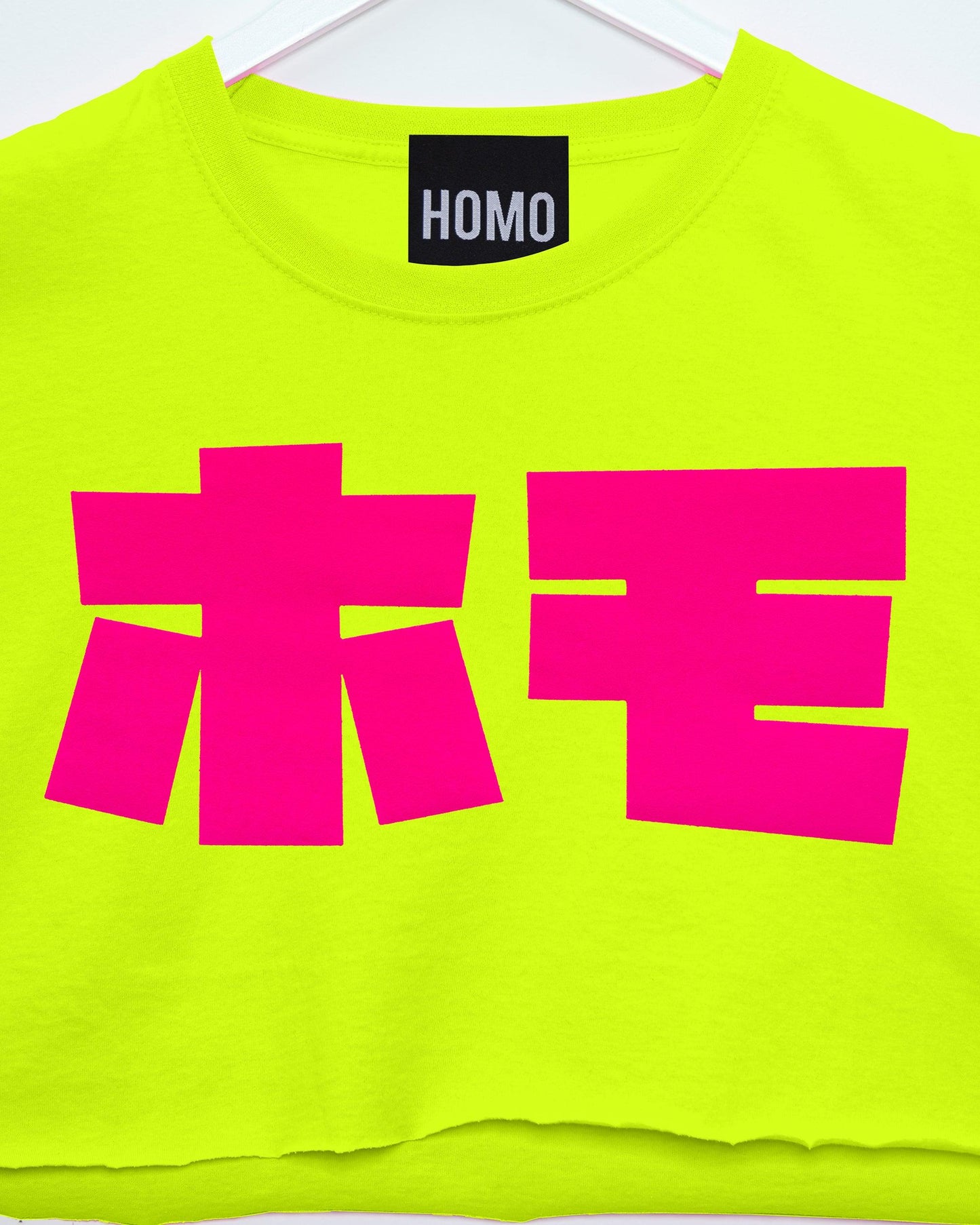 Fluorescent pink flock HOMO in Japanese - Fluorescent yellow crop top