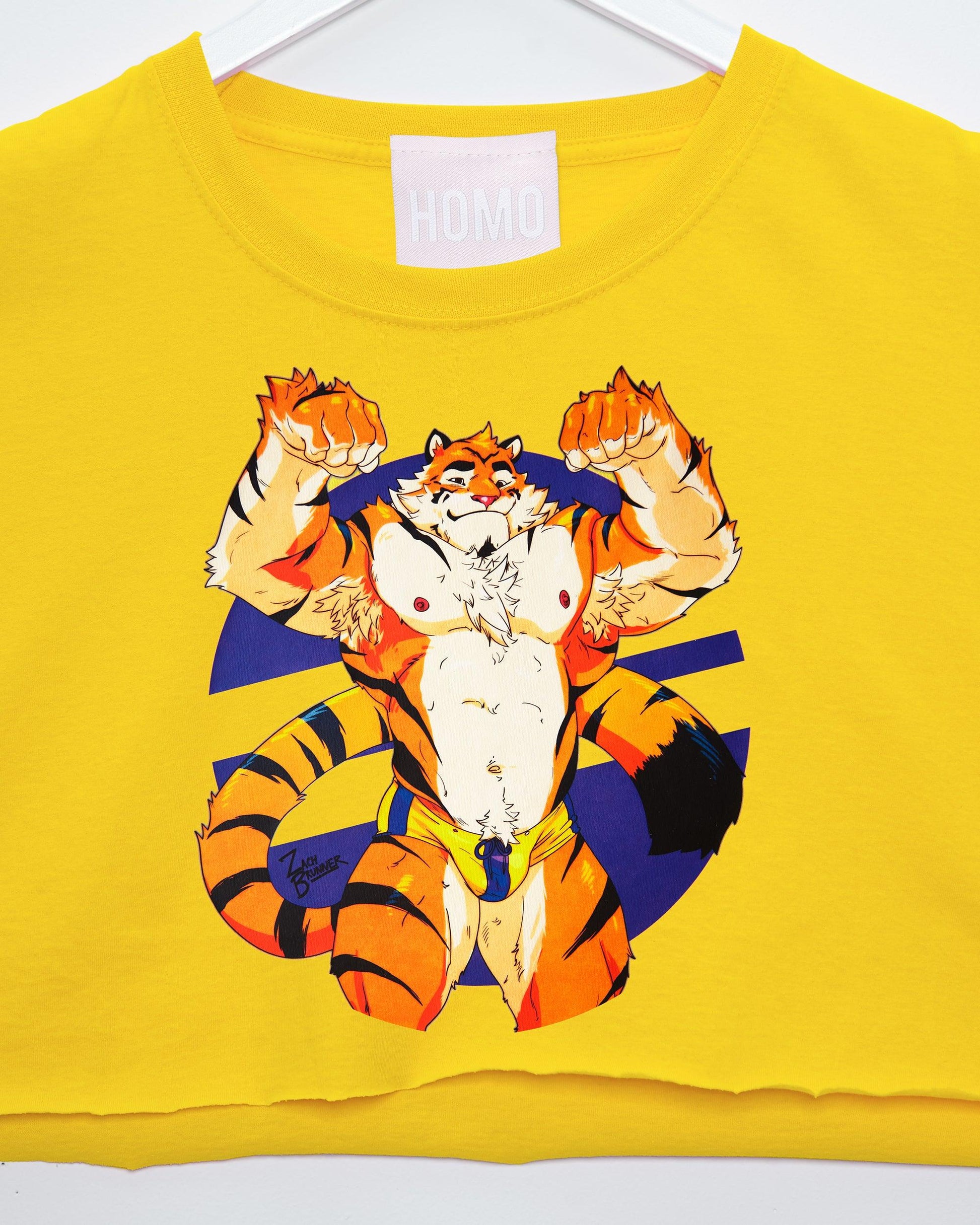 Flint the tiger! on yellow - crop top - HOMOLONDON