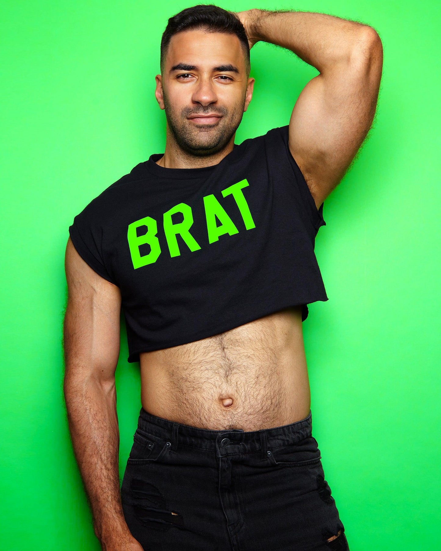 Fluorescent green flock BRAT - black crop top