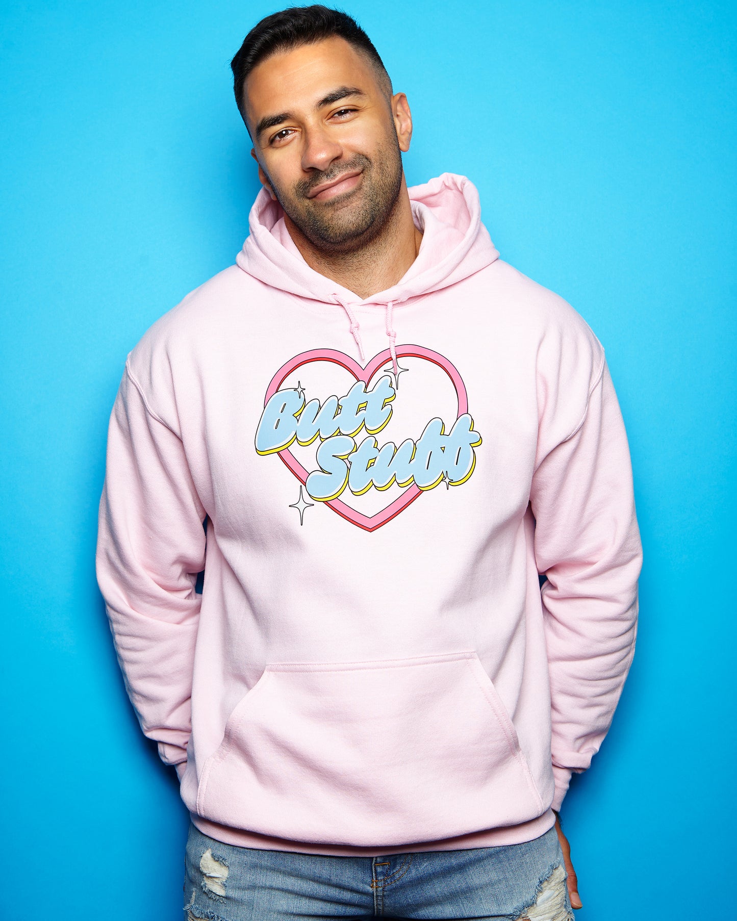 Butt stuff, light pink pullover hoodie.