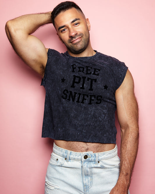 Free pit sniffs - black flock on black acid wash tshirt crop / low cut crop