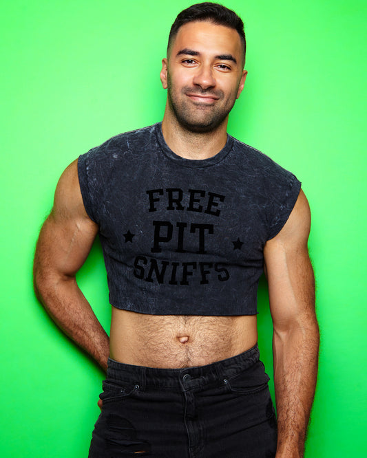 Free pit sniffs - black flock on black acid wash crop top