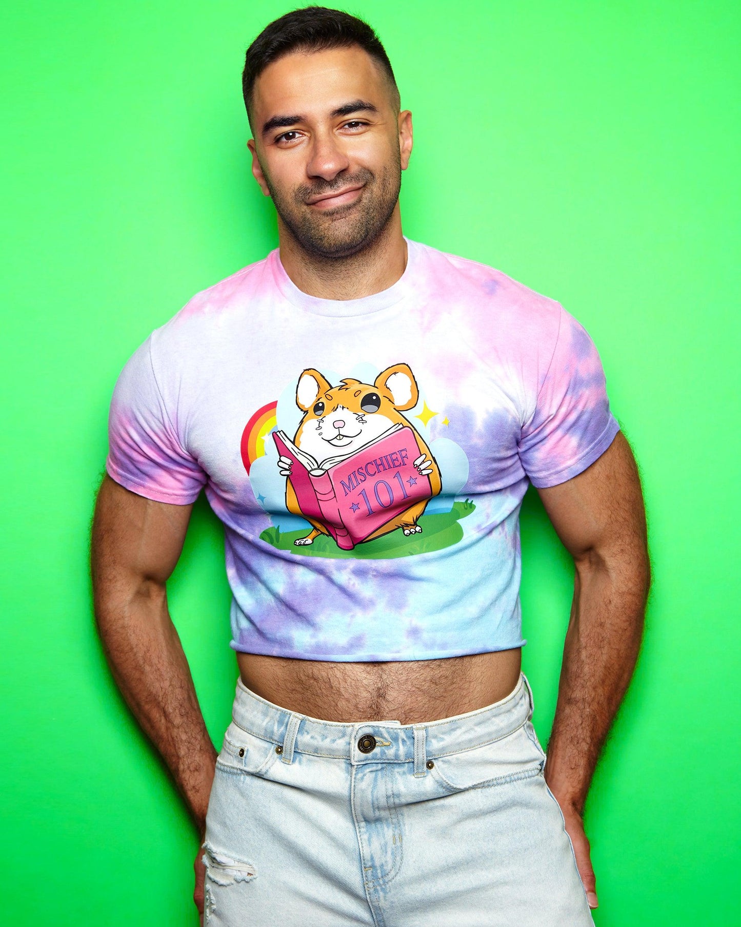 Mischievous hamster on pink tie-dye - cropped tee /crop top