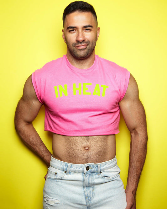 Fluorescent yellow flock In Heat - pink crop top