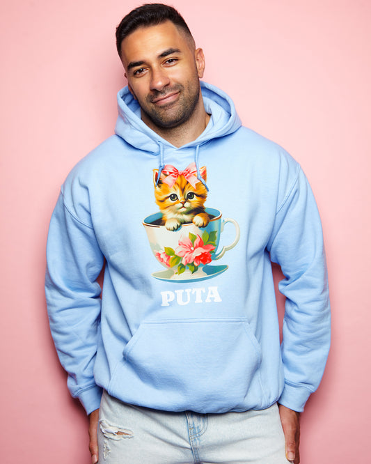 Puta kitten, light blue pullover hoodie.