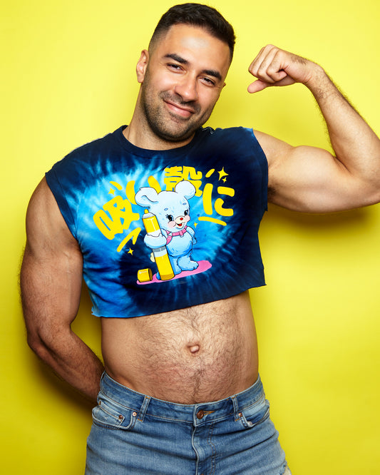 Japanese graffiti bear on blue tie-dye - crop top