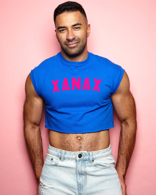 Fluorescent pink flock Xanax - blue crop top