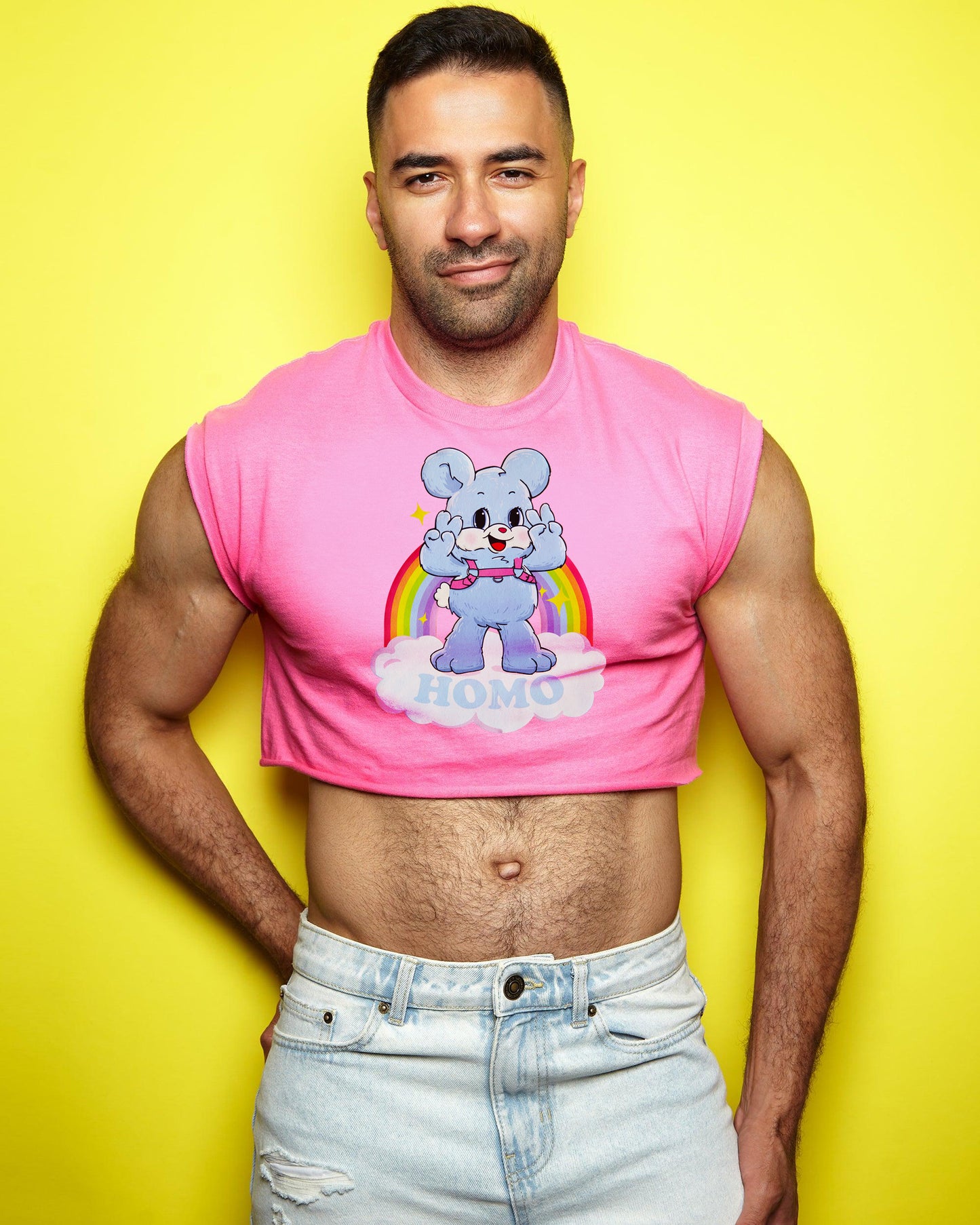 Cute HOMO Bear on pink - Sleeveless crop-top