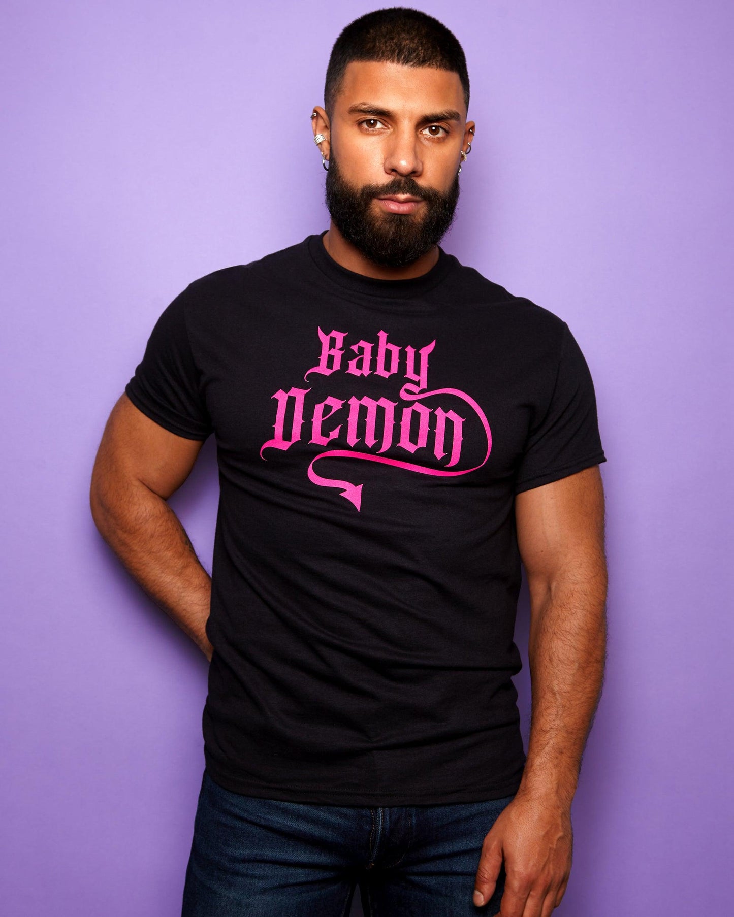 Baby Demon, pink flock on black muscle fit tee.