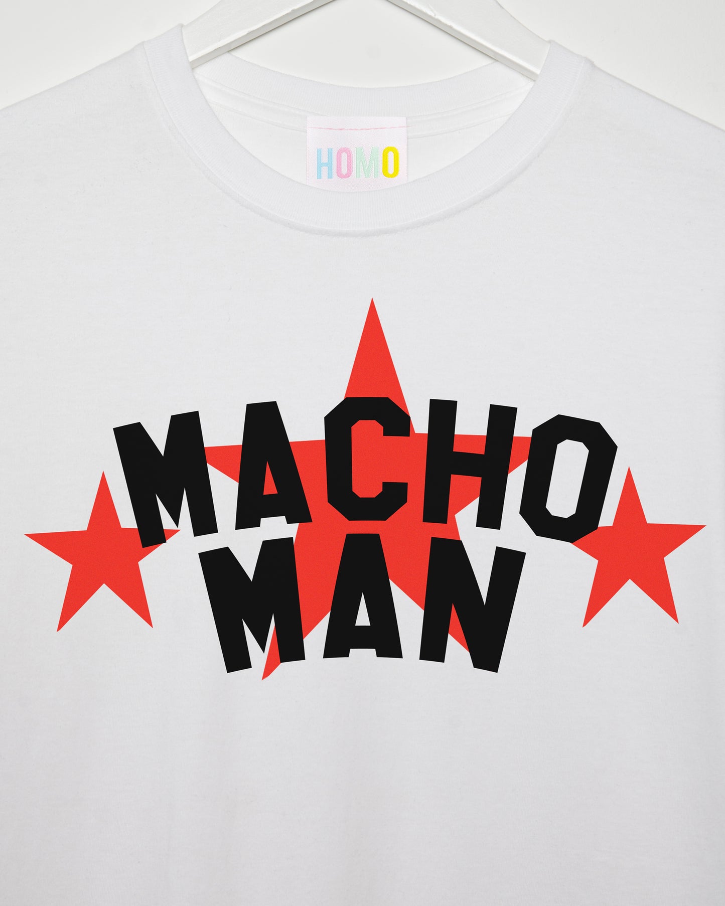 MEDIUM - Slogan tee: Macho man, red print on white muscle fit - tshirt