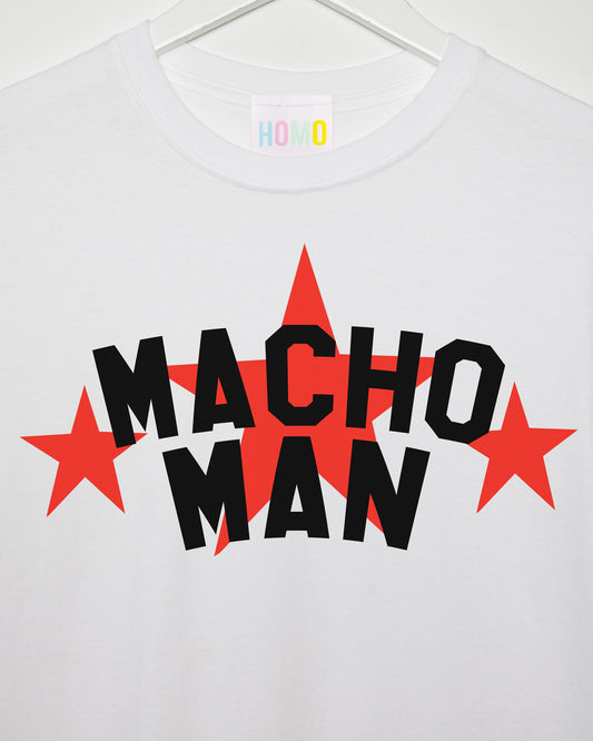 Slogan tee: Macho man, red print on white muscle fit - tshirt