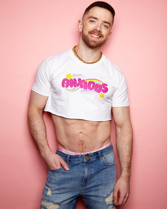 Anxious but cute, white - mens crop top.