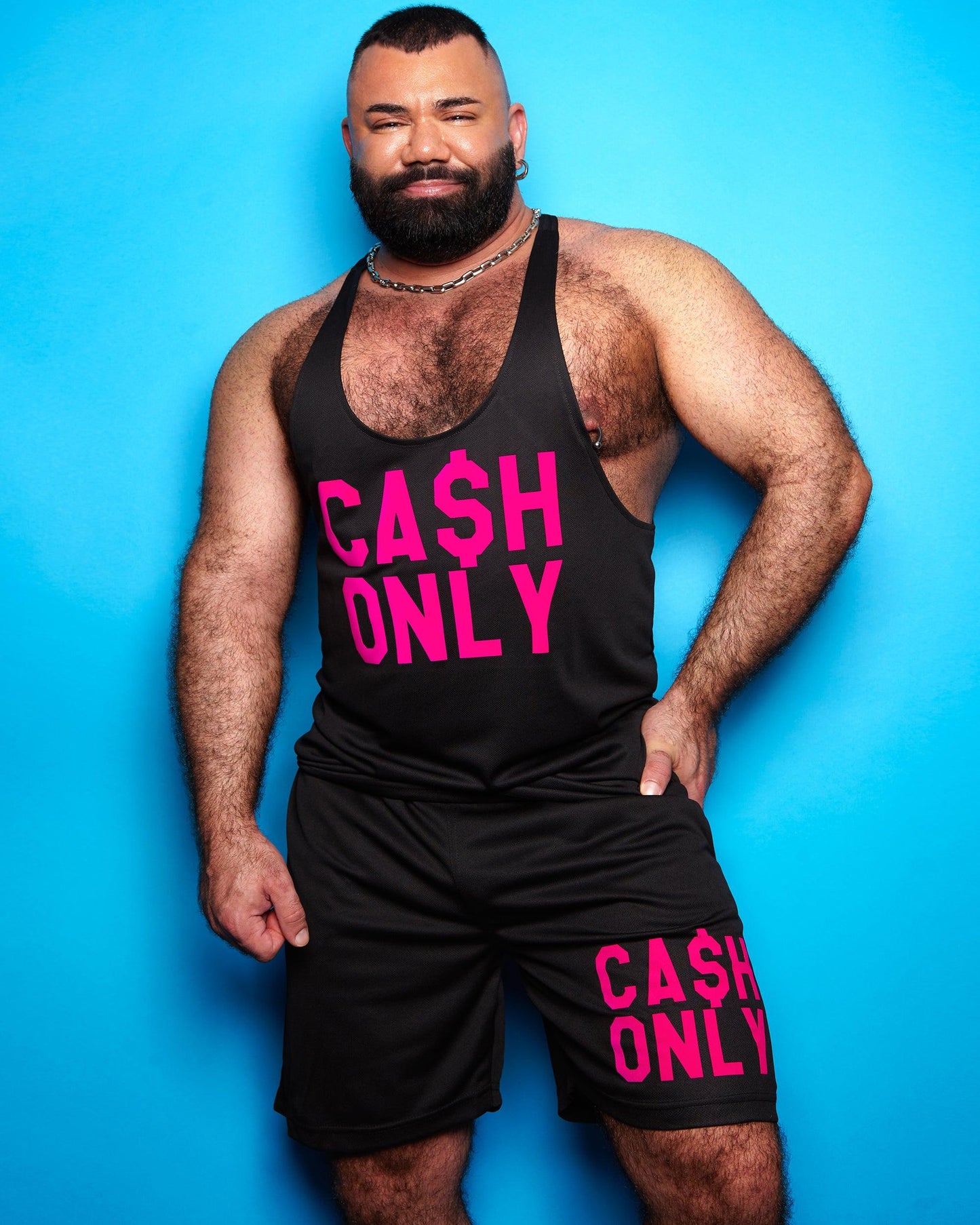 Double Pack - Cash only florescent pink - Black tank and basketball shorts - Full outfit.