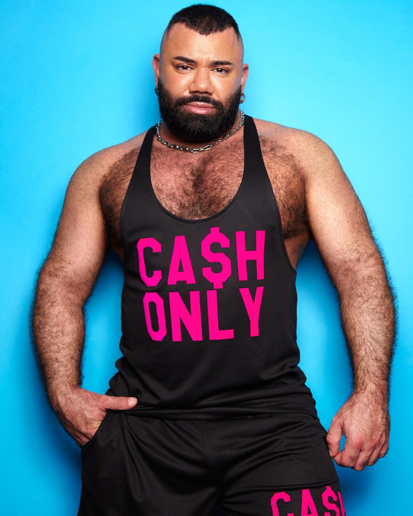 Double Pack - Cash only florescent pink - Black tank and basketball shorts - Full outfit.