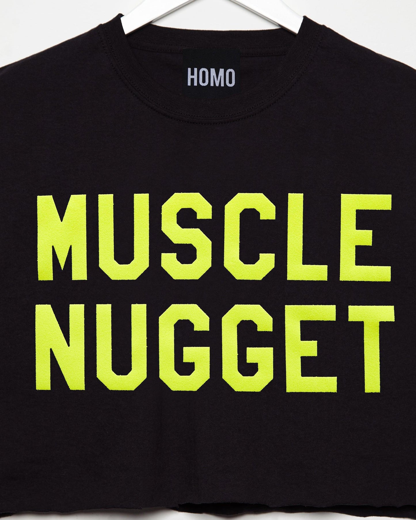 Fluorescent yellow flock muscle nugget - black cropped tee / crop top - HOMOLONDON