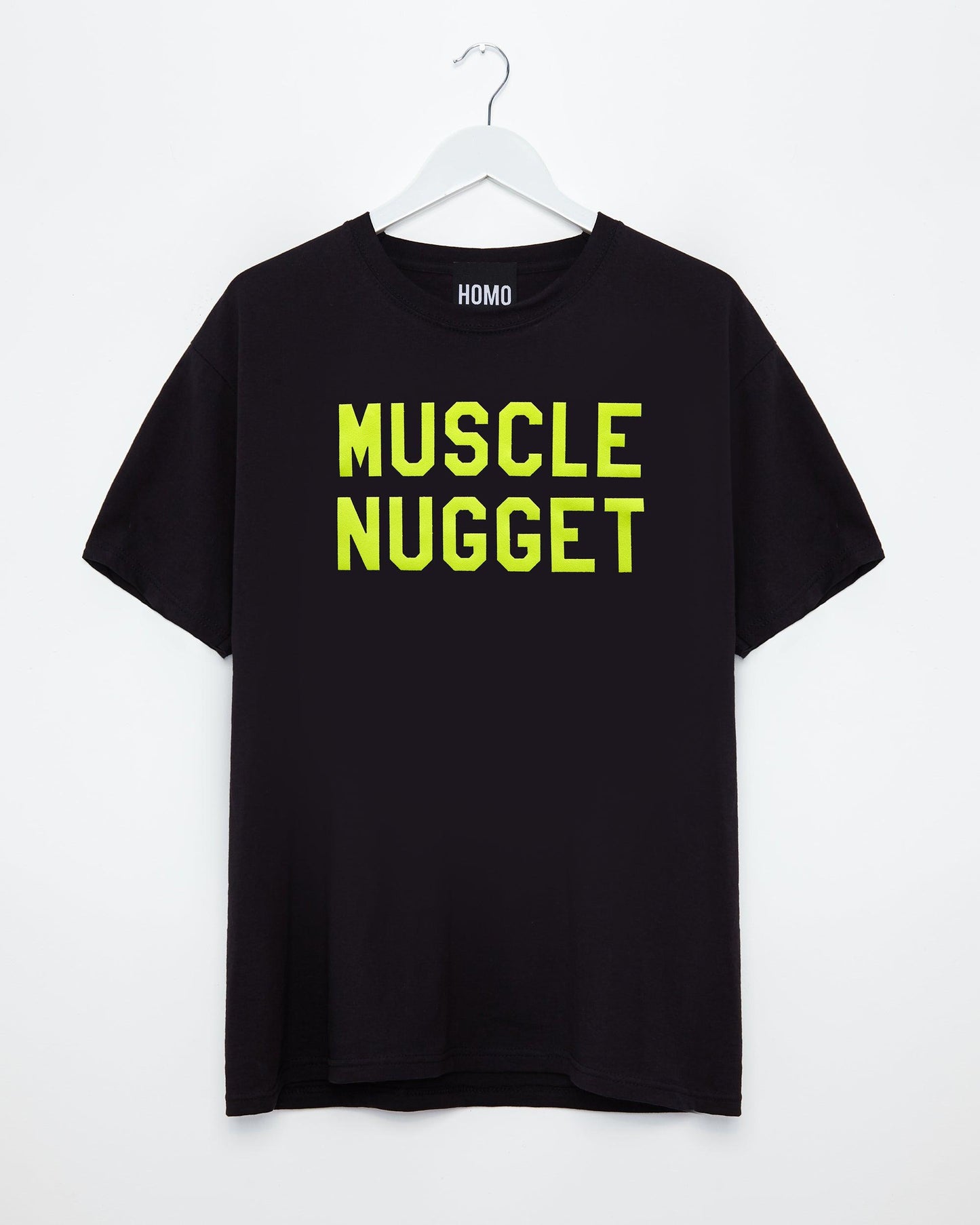 Fluorescent yellow flock muscle nugget - black tshirt