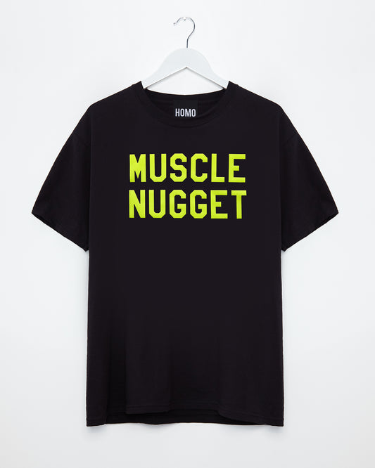 Fluorescent yellow flock muscle nugget - black tshirt