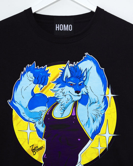 Flexing wolf wrestler Magnus - black tshirt - HOMOLONDON