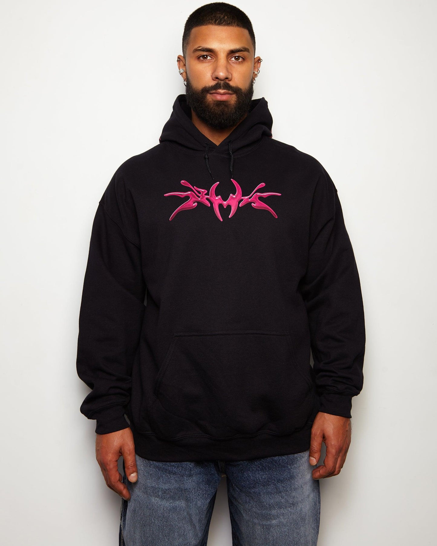 NXS011: Metallic pink style print on black oversized pullover hoodie.