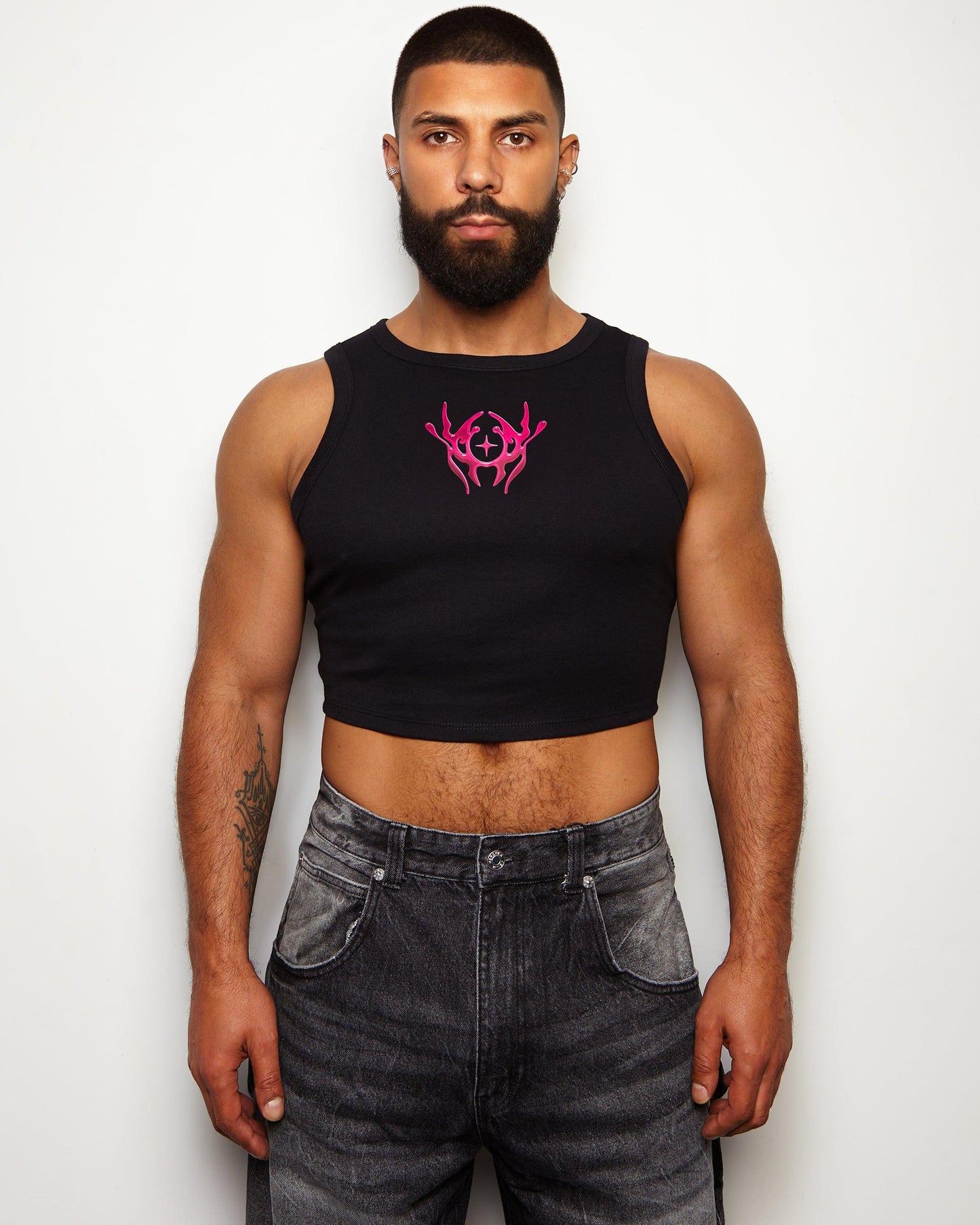 NXS014: Pink style print on black micro rib muscle crop tank