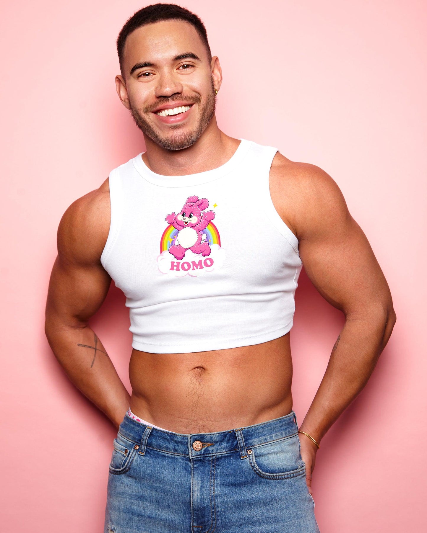 XL - LIMITED EDITION: Cute HOMO Bunny - white tank crop top