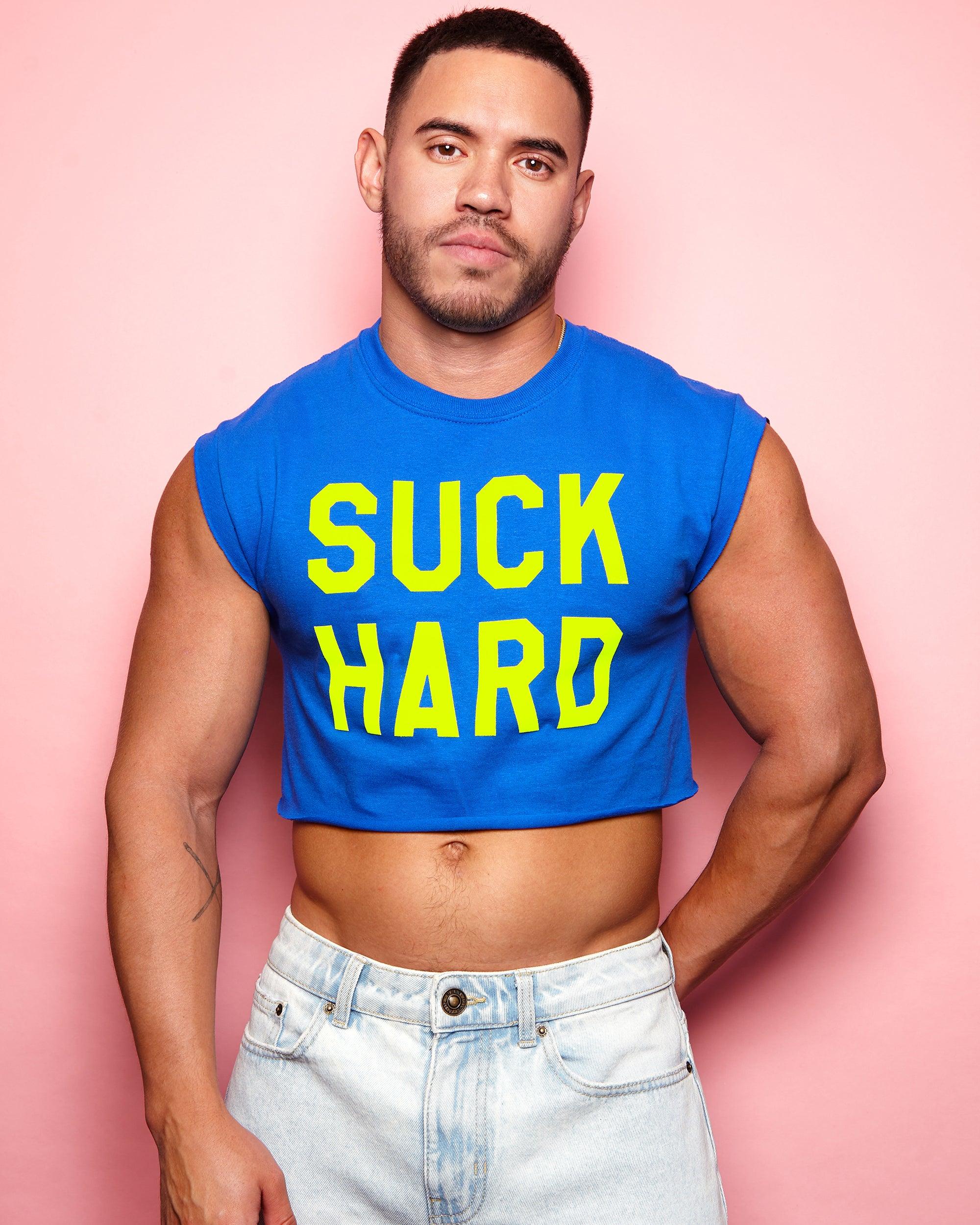 Fluorescent yellow flock suck hard blue crop top HOMO