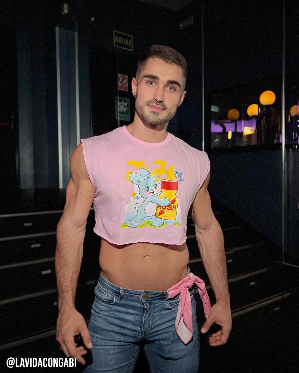 This little bunny loves his Rush on pink - mens sleeveless crop top. - HOMOLONDON