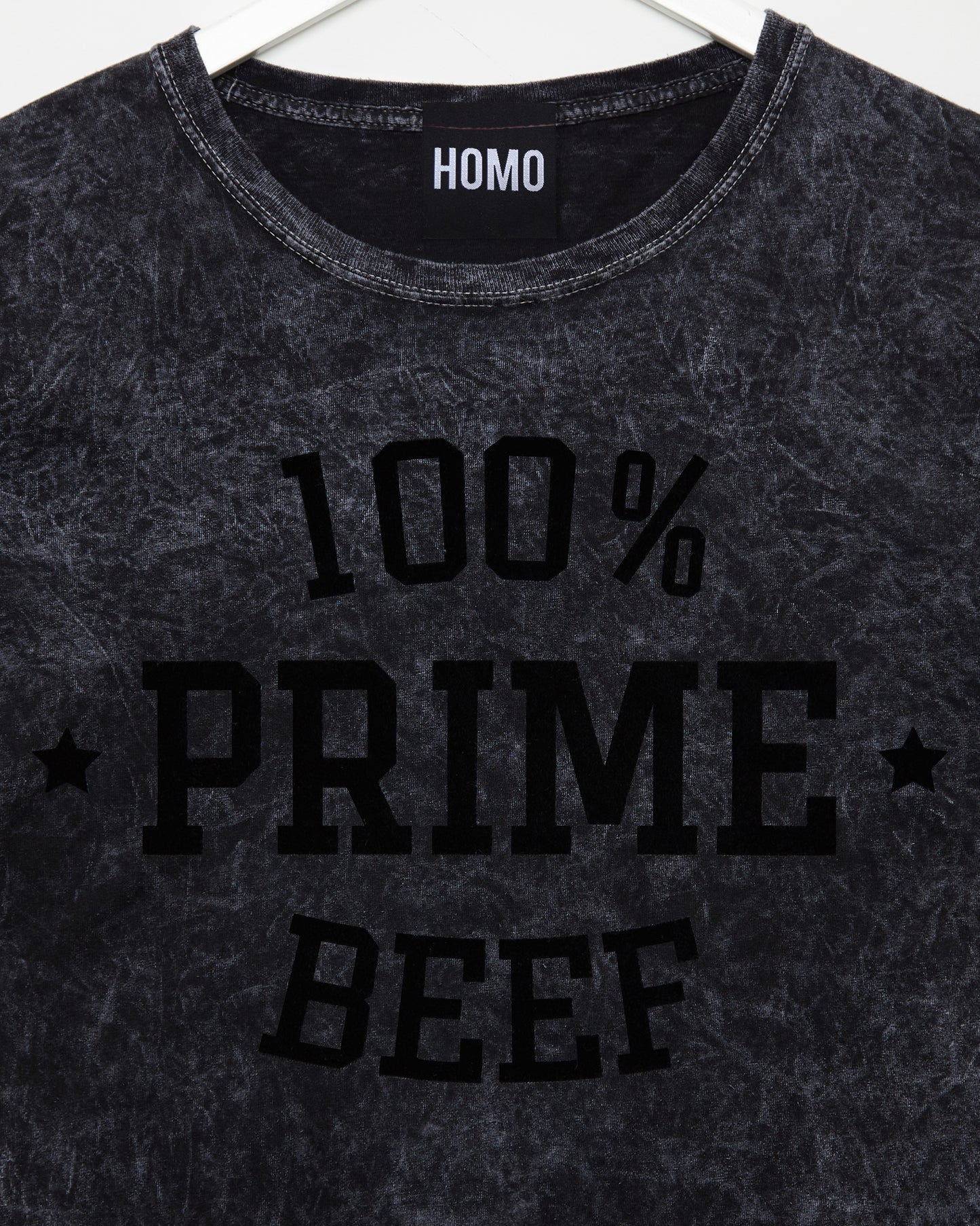 100% Prime Beef - black flock on stone washed black tshirt