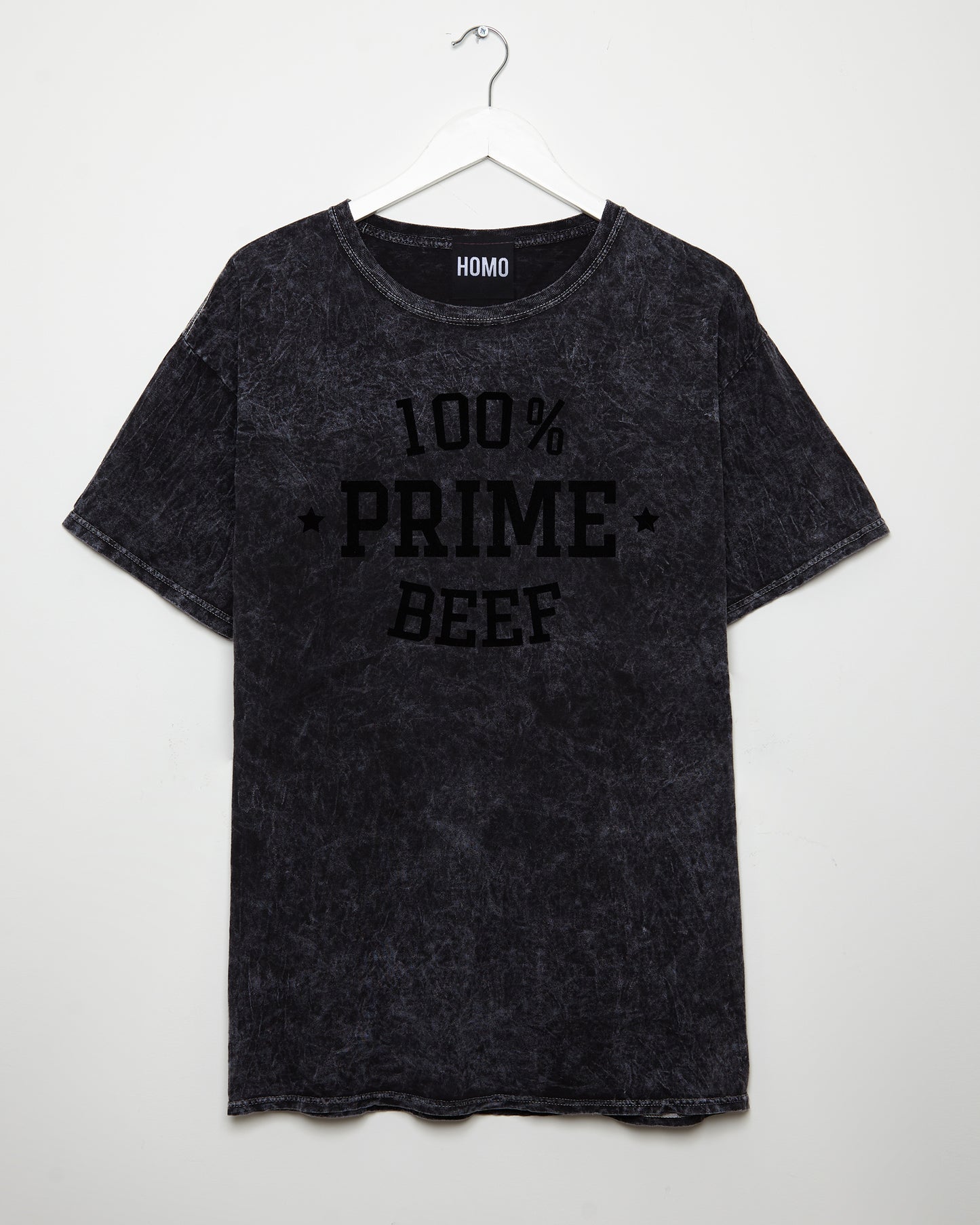 100% Prime Beef - black flock on stone washed black tshirt