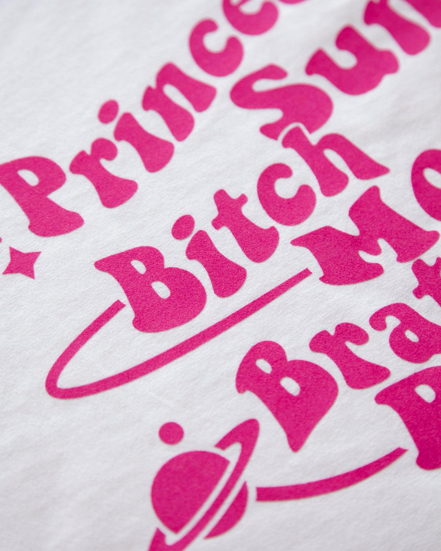 princess sun, bitch moon, brat rising. Pink flock on black trim -  slim fit tee.